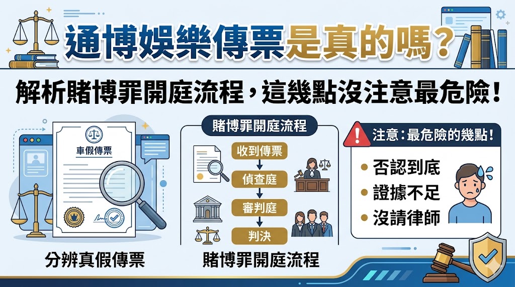 收到通博娛樂城的傳票是真的嗎？這類傳票多半源於金流被警方掌握，一旦收到公文切勿驚慌，首要任務是確認傳票真偽並了解賭博罪的法律責任。現行刑法第266條已明確將網路賭博納入規範，無論是在家使用手機或電腦下注，只要涉及金錢往來皆可能構成犯罪。開庭流程通常從偵查庭開始，檢察官會針對入金紀錄與遊戲紀錄進行詢問，此時若沒注意到「說詞前後矛盾」或「隨意承認未經證實的細節」將會非常危險。建議玩家在出庭前應先與法律專業人士諮詢，確保陳述重點在於爭取緩起訴或緩刑，同時避免洩漏過多不必要的個資。本篇文章深入解析法庭應對關鍵，提醒您在法律程序中如何保護自身權益，降低因不慎觸法而留下的刑事紀錄與社會影響，讓您在面對法律問題時能更從容應對。